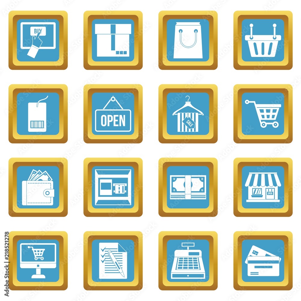 Poster shopping icons set in azur color isolated vector illustration for web and any design