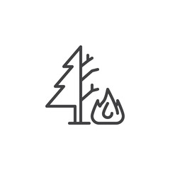 Burning tree outline icon. linear style sign for mobile concept and web design. Forest fire simple line vector icon. Symbol, logo illustration. Pixel perfect vector graphics