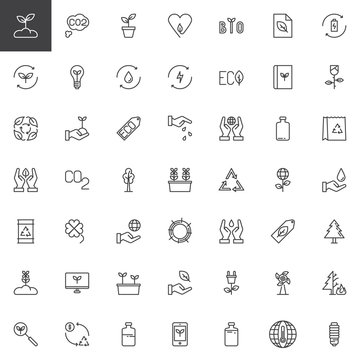 Ecology and Environment outline icons set. linear style symbols collection, line signs pack. vector graphics. Set includes icons as Sprout, Co2, Leaf, Water, Recycle Barrel, Green Battery, Windmill