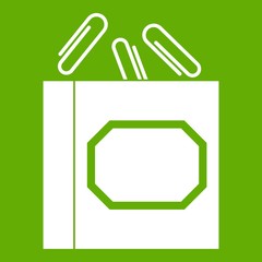 Paper clips box icon white isolated on green background. Vector illustration