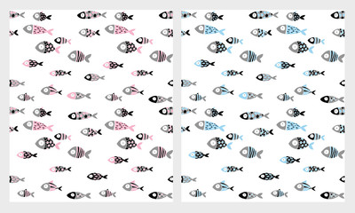 Fototapeta na wymiar Funny Abstract Fish Vector Patterns Set. Hand Drawn Cute Fishes. White Background. Black, Grey, Blue and Pink Colors. Big Eye Fishes. Funny Skull.