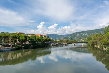 Fototapeta na wymiar City of Chiavari Landscape of the Entella River, view from the City of Lavagna Side