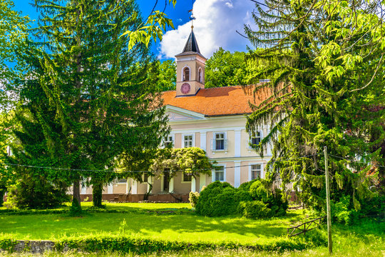 Castle Bezanec Croatia landmarks. / Scenic view at small picturesque place Valentinovo and Bezanec landmark, Zagorje region near Pregrada.