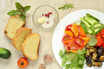 Various crostini with vegetables and herbs