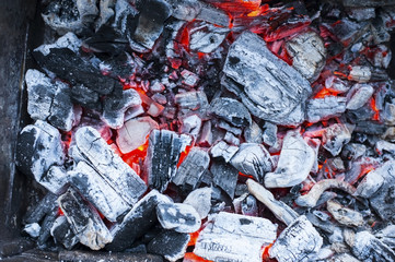 Charcoal from burnt wood - coal for baking meat, potatoes, barbecue vegetables while on vacation on the nature