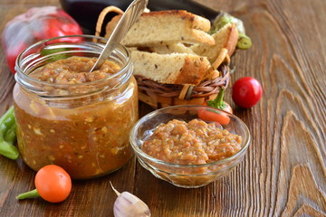 Ajvar, roasted sweet pepper and eggplant (aubergine) with toast