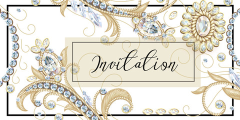 Template of invitation with golden sewing and jewelry