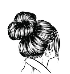 Woman with stylish classic bun with perfet eyebrow shaped and ful. Illustration of business hairstyle with natural long hair. Hand-drawn idea for gretting card, poster, flyers, web, print for t-shirt.