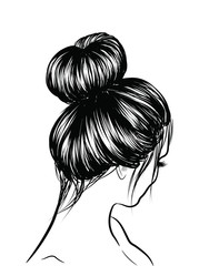 Woman with stylish classic bun with perfet eyebrow shaped and ful. Illustration of business hairstyle with natural long hair. Hand-drawn idea for gretting card, poster, flyers, web, print for t-shirt.