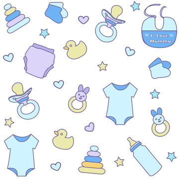 Seamless pattern with baby boy items. Newborn clothes and accessories