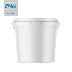 White glossy plastic bucket mockup with label. © MockupSpot