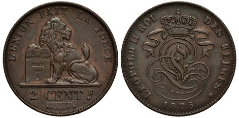 Belgium Belgian coin 2 two centimes 1875, sitting lion holding Belgian Constitution, value below,...