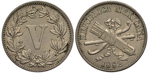 Mexico Mexican coin 5 five centavos 1882, Second Republic, face value flanked by oak and laurel...