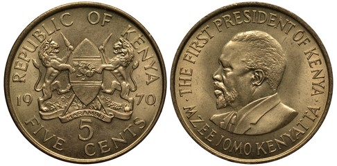 Kenya Kenyan coin 5 five cents 1970, arms, two lions holding lances and African shield, bust of...