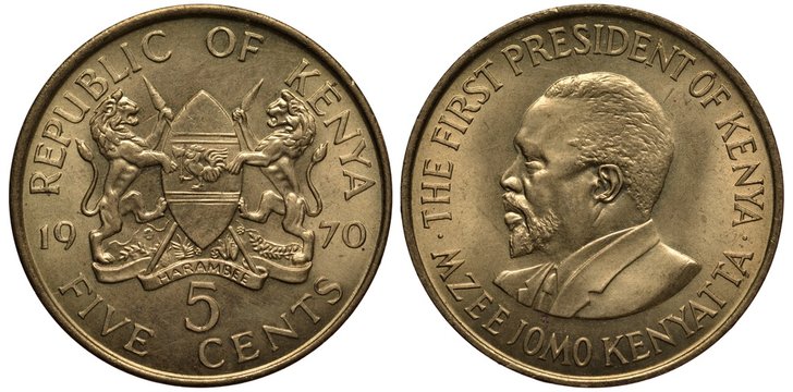 Kenya Kenyan Coin 5 Five Cents 1970, Arms, Two Lions Holding Lances And African Shield, Bust Of First President Of Kenya Jomo Kenyatta, 