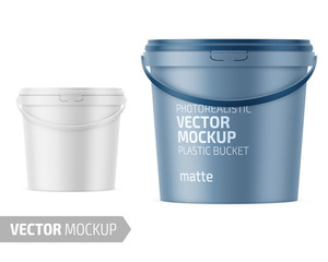 White matte plastic bucket mockup with label. - obrazy, fototapety, plakaty
