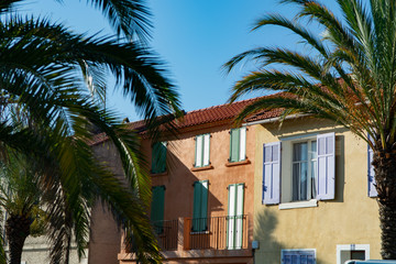 Fototapeta na wymiar Colors of Provence, France, summertime in small city on Mediterranean Sea, colorful facades and windows and palm trees