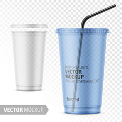 Disposable plastic cup with lid and straw.