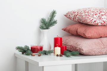 Christmas decoration with candles on white background