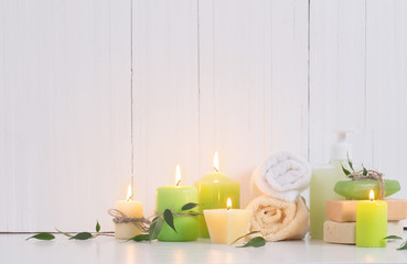 Beautiful composition of spa treatment on white background