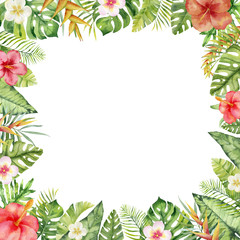 Watercolor hand painted frame with tropical flowers,leaves and branches. Frame for wedding invitations, save the date or greeting cards...Watercolor floral frame