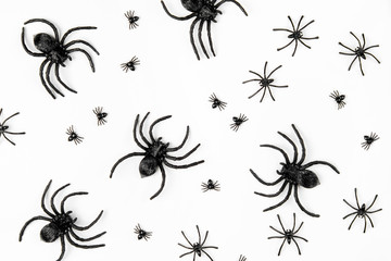 Halloween background with  spiders. Flat lay, top view trendy holiday concept..