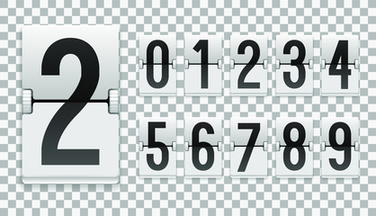 Numbers from White Mechanical Scoreboard; Flip countdown clock counter; Black digit on white board with transparent shadow; Mechanical Scoreboard for web page upcoming event template design