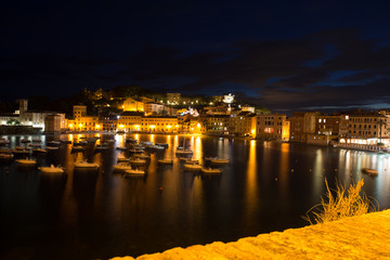 Romantic Time at The Bay of Sestri Levante at the Blue Hour in Summer With Boats Moored