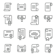 Education diplomas and certificates related icons: thin vector icon set, black and white kit