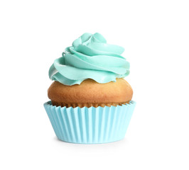 Delicious birthday cupcake on white background