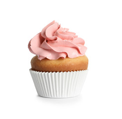 Delicious birthday cupcake on white background