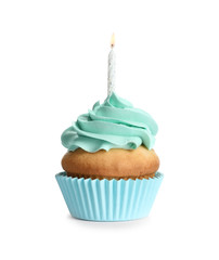 Delicious birthday cupcake with candle on white background