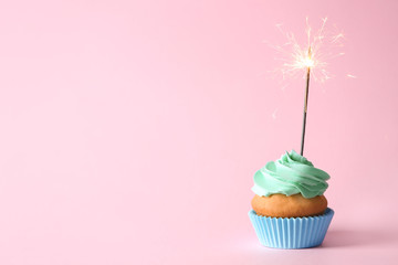 Delicious birthday cupcake with burning sparkler and space for text on color background