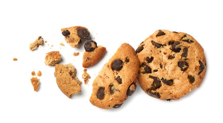 Tasty chocolate cookies on white background, top view