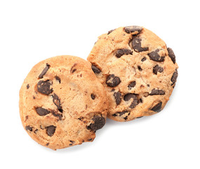 Tasty chocolate cookies on white background, top view