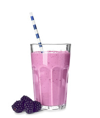 Glass with blackberry yogurt smoothie on white background