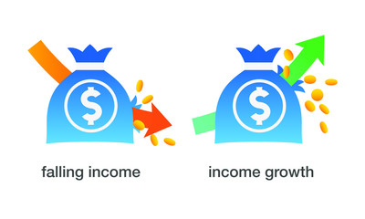 Income growth and falling income; Income increase; Bag pierced by an arrow with falling gold coins; Revenue growth vector gradient flat icon
