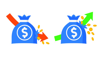 Income growth and falling income; Income increase; Bag pierced by an arrow with falling gold coins; Revenue growth vector flat icon