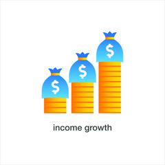 Income growth sign; Income increase symbol; The Bag with cash stay on stack of coins; Revenue growth vector gradient flat icon; Money bag with coins illustration