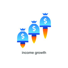 Income growth Rocket upward sign; Income increase symbol; The Bag with cash flies up; Revenue growth vector gradient flat icon; Money bag takes off illustration