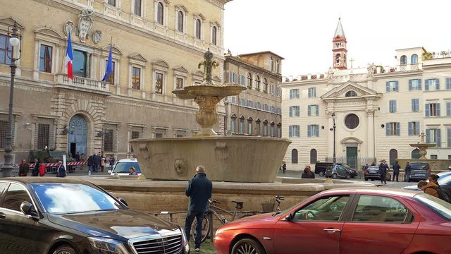 Italy, Rome Piazza Farnese-20 november 2017 French embassy and fountain of Bernini wide shot