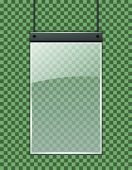 Hanging Transparent Glass plate template with metal holder; Acrylic plate mockup on transparent background for your logo; Can be used on different backgrounds