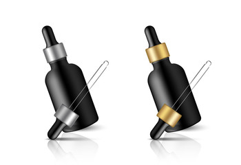 Obraz premium Mock up Realistic Black Dropper or Pipette Bottle With Metallic and Gold Cap for Essential Oil Or Skincare Serum Background Illustration
