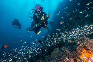 Naklejka na ściany i meble Female SCUBA diver exploring a dark, tropical coral reef