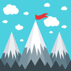 Mountains with red flag on the top, landscape, vector illustration in flat style.