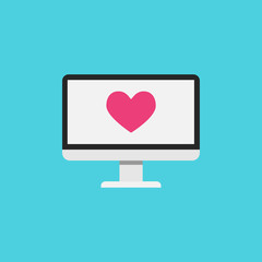  Flat computer screen icon with heart on it, vector illustration .