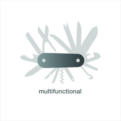 Ultra multifunctional gray logo; Gray Swiss folding knife flat icon vector; Folding knife; multi-tool instrument sign vector 