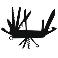 Silhouette of multifunctional pocket knife; Folding knife, multipurpose penknife isolated vector 
