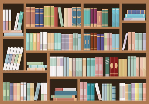 Bookshelves full of books. Education library and bookstore concept.  Vector illustration.
