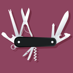 Black Swiss army knife; Black multi-tool, multipurpose penknife isolated vector 